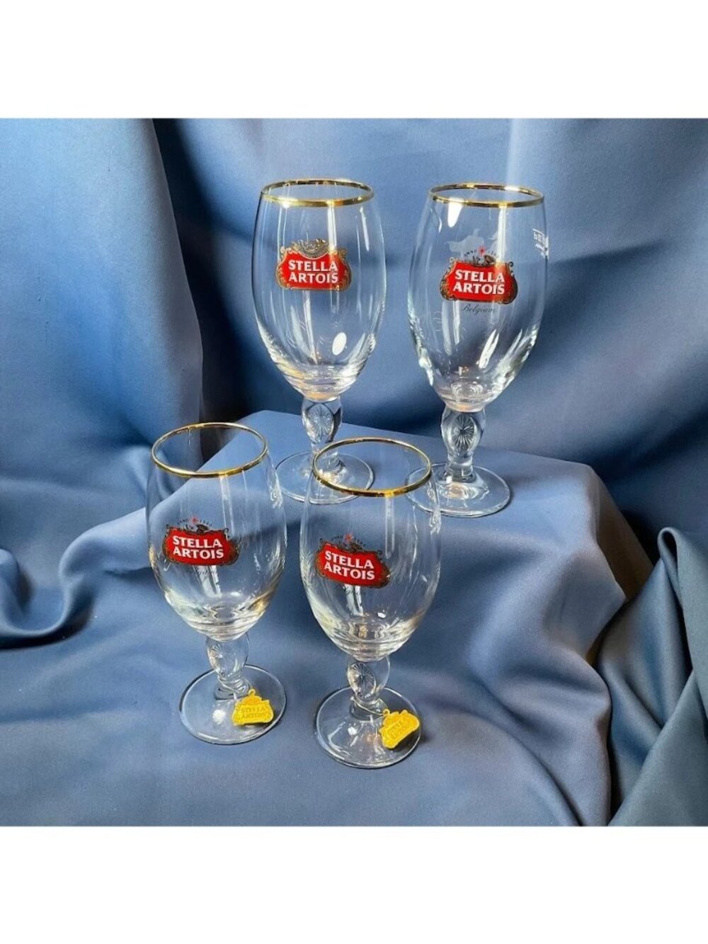 Set of 4 Stella Artois Beer Chalices Goblets Gold Rim Belgian Beer Glasses